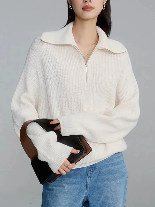 Pull Femme En Mélange De Laine Tricoté Col Zippé Haut Décontracté Bord Côtelé Pour Tenue Quotidienne Confort