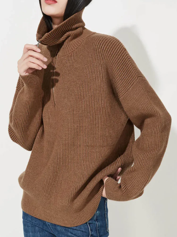 Pull Femme En Mélange De Laine Tricoté Col Zippé Haut Décontracté Bord Côtelé Pour Tenue Quotidienne Confort
