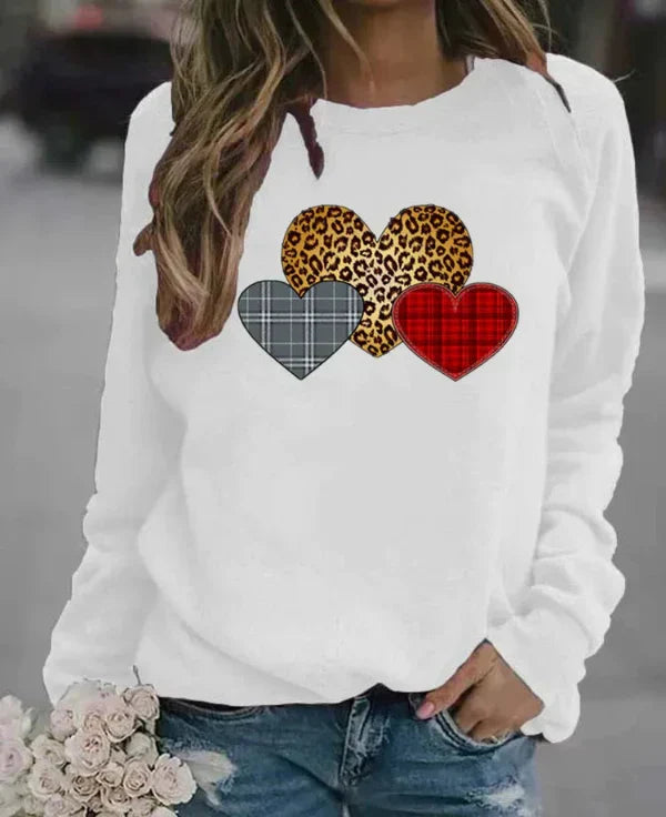 Sweat Femme Coupe Décontractée En Mélange Coton Col Rond Motif Cœur Graphique Imprimé