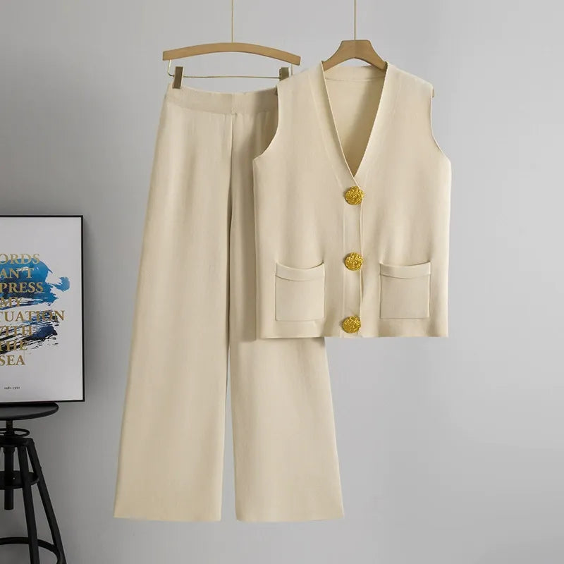 Ensemble Deux Pièces Femme En Maille Avec Gilet Boutonné Et Pantalon Large Décontracté