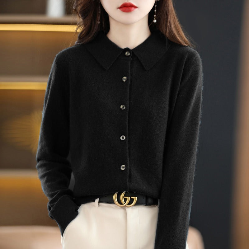 Cardigan Femme en Mélange de Laine Col Polo Boutonné Coupe Décontractée Camel Confortable