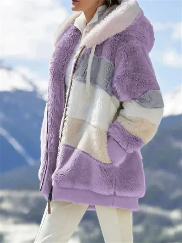 Veste à Capuche Femme Oversize Fourrure Synthétique Douce Fermeture Éclair Devant Manches Côtelées