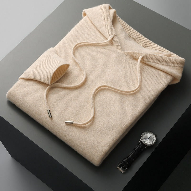 Pull À Capuche En Tricot De Laine Mélangée Pour Homme, Coupe Décontractée, Cordons, Ourlets Côtés, Toucher Doux