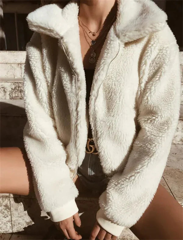 Veste Courte Femme Polaire Texture Douce Décontractée Zip Avant Col Revers Pour Style Quotidien Amawinc