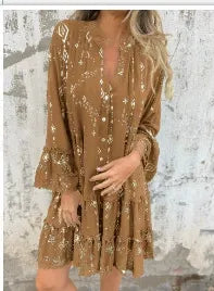 Robe Femme Coupe Évasée avec Manches Cloche en Dentelle Bouton Front Coton Mélangé Ourlet en Étages