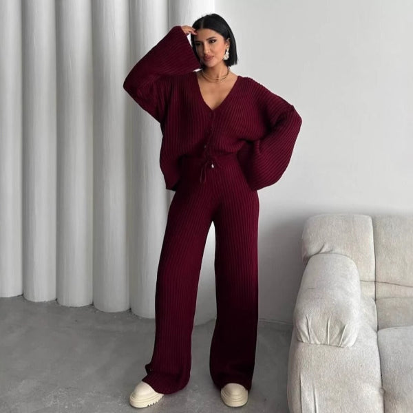 Cardigan Deux Pièces Boutonné Tricot À Côtes Coupe Oversize Manches Amples Pour Détente