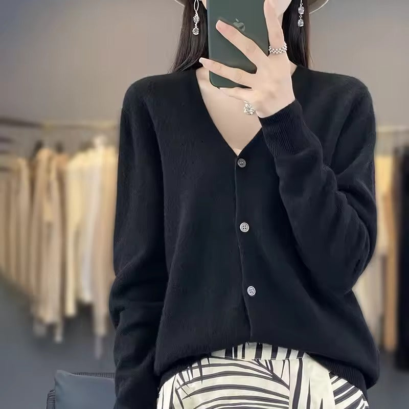 Pull Pour Femme En Mélange De Laine Coupe Décontractée Encolure V Boutonné Sur Le Devant Manches Longues
