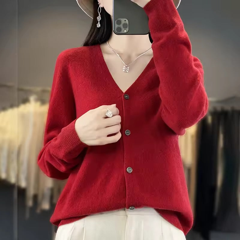 Pull Pour Femme En Mélange De Laine Coupe Décontractée Encolure V Boutonné Sur Le Devant Manches Longues