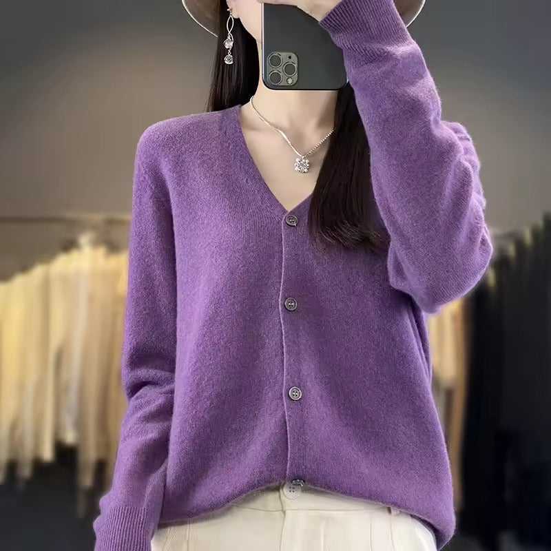 Pull Pour Femme En Mélange De Laine Coupe Décontractée Encolure V Boutonné Sur Le Devant Manches Longues