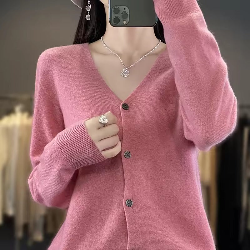 Pull Pour Femme En Mélange De Laine Coupe Décontractée Encolure V Boutonné Sur Le Devant Manches Longues