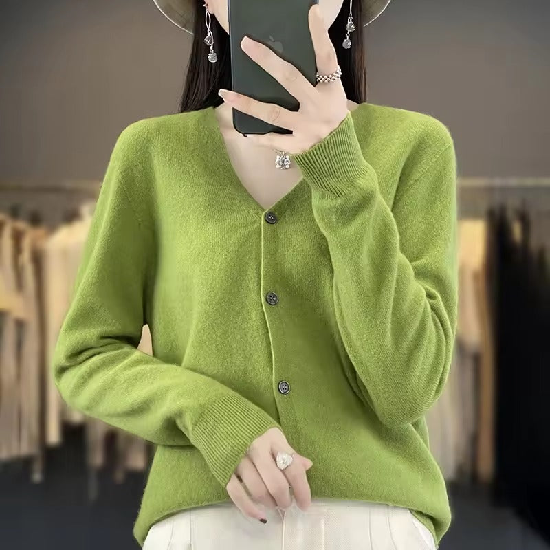 Pull Pour Femme En Mélange De Laine Coupe Décontractée Encolure V Boutonné Sur Le Devant Manches Longues