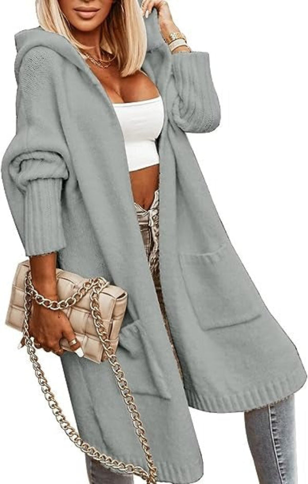 Cardigan Femme En Maille Oversize Avec Capuche Ouverture Frontale Ourlet Côtelé Mi Long Ivoire