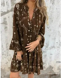 Robe Femme Coupe Évasée avec Manches Cloche en Dentelle Bouton Front Coton Mélangé Ourlet en Étages