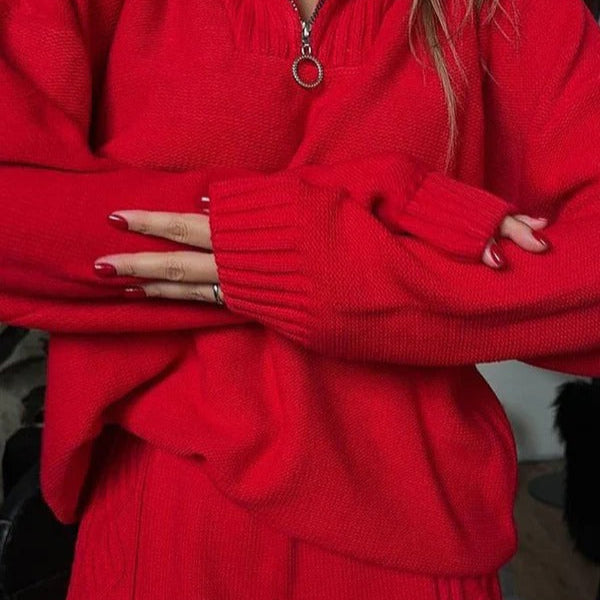 Ensemble Deux Pièces Haut Zippé Demi Zip Tricot Doux Coupe Oversize Poignets Côtes Tenue Décontractée
