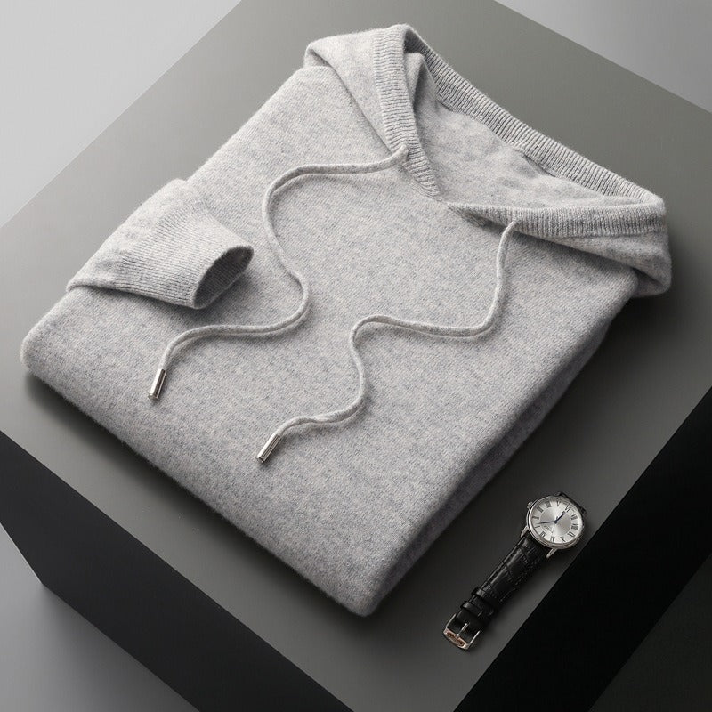 Pull À Capuche En Tricot De Laine Mélangée Pour Homme, Coupe Décontractée, Cordons, Ourlets Côtés, Toucher Doux