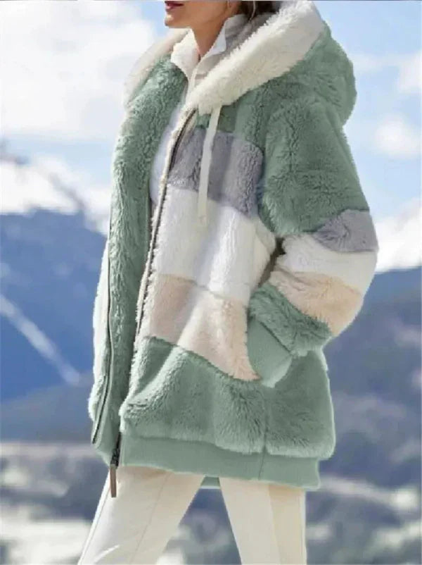 Veste à Capuche Femme Oversize Fourrure Synthétique Douce Fermeture Éclair Devant Manches Côtelées