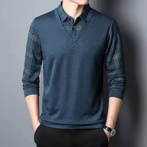 Pull Homme Slim Fit Tricot Col V Effet Superposé Plaid Manches Style Nordisk Flair Distinctif