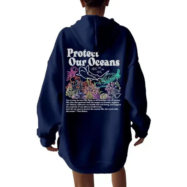 Sweat À Capuche Femme Oversize Effet Coton Graphique Marin Imprimé Dos Confort Décontracté