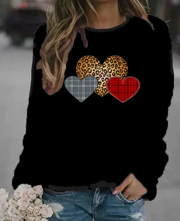 Sweat Femme Coupe Décontractée En Mélange Coton Col Rond Motif Cœur Graphique Imprimé