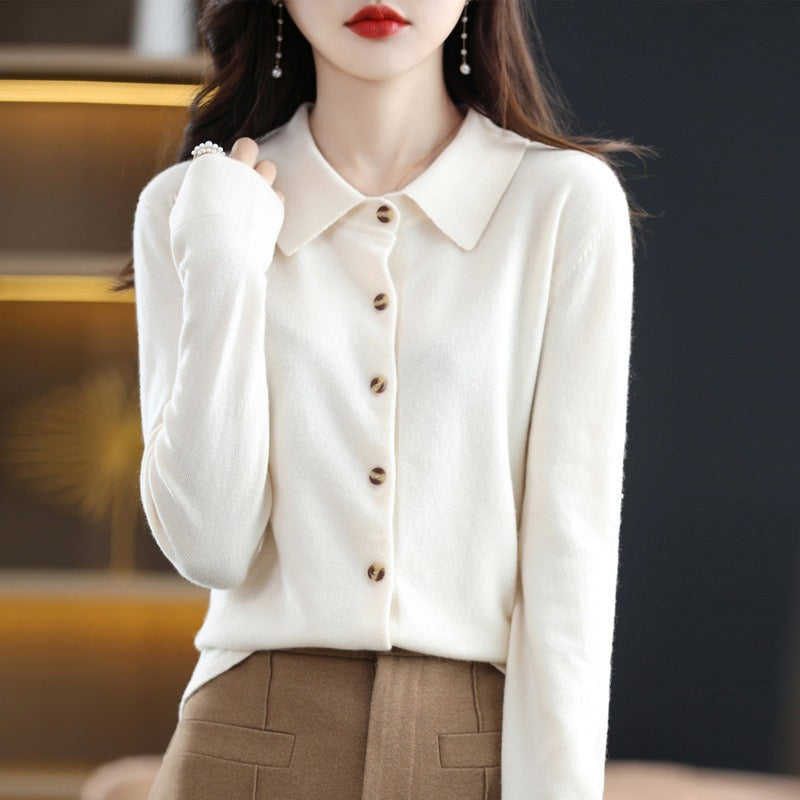 Cardigan Femme en Mélange de Laine Col Polo Boutonné Coupe Décontractée Camel Confortable