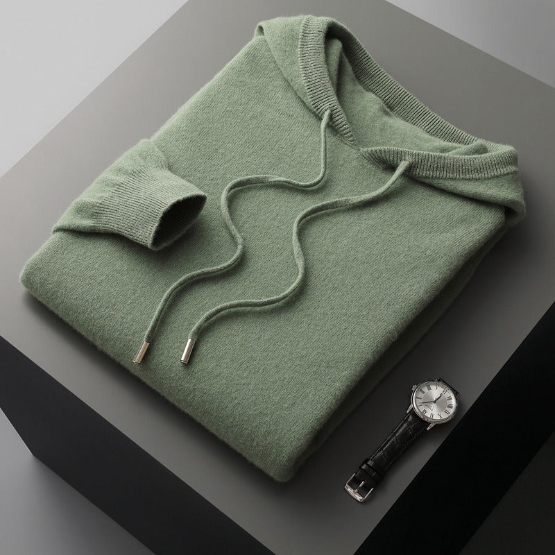 Pull À Capuche En Tricot De Laine Mélangée Pour Homme, Coupe Décontractée, Cordons, Ourlets Côtés, Toucher Doux