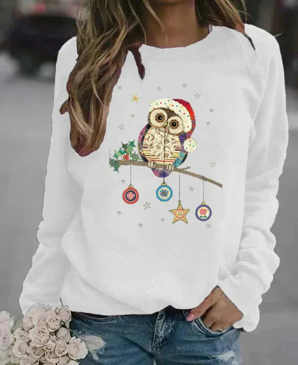 Sweatshirt Femme Coupe Décontractée Mélange Coton Col Rond Imprimé Hibou Festif Automne Hiver