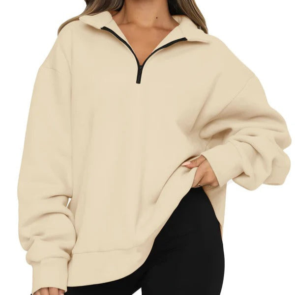 Sweatshirt Femme Oversize Effet Coton Col Montant Zip Court Décontracté Nordisk Flair Amawinc