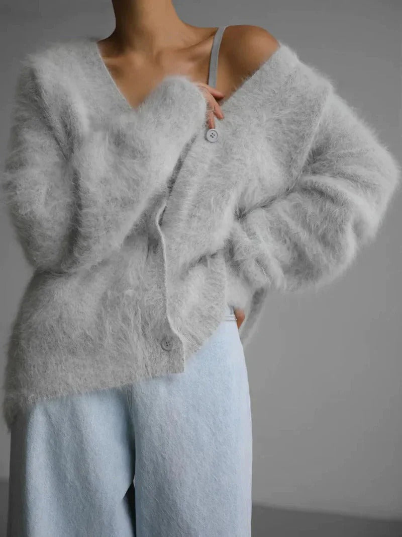 Cardigan Femme Peluche Tricot Oversize Avec Col V Boutonné Devant Pour Un Style Confort Chic