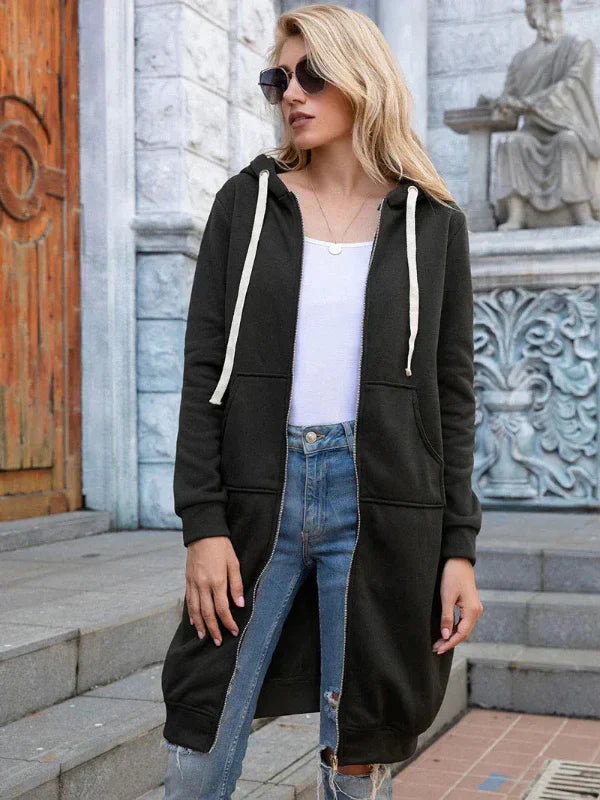 Sweatshirt Oversize Pour Femmes Avec Zip Front Capuche En Coton Longueur Longue Décontracté