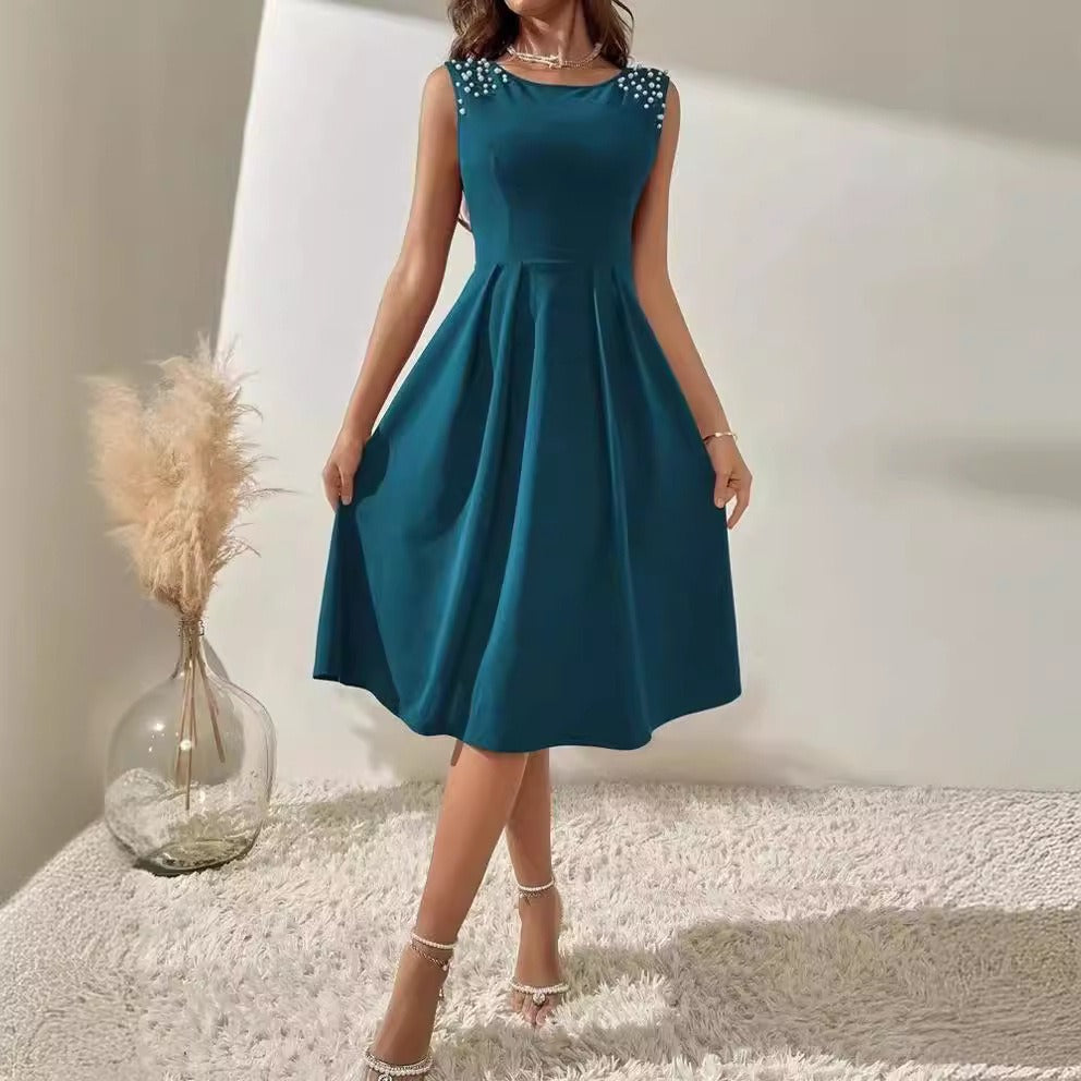 Robe Midi Femme Taille Cintrée Silhouette En A Perlees Sans Manches Amawinc Pour Célébrations