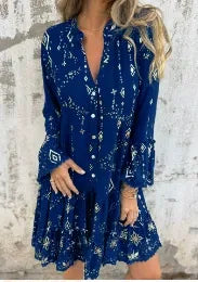 Robe Femme Coupe Évasée avec Manches Cloche en Dentelle Bouton Front Coton Mélangé Ourlet en Étages