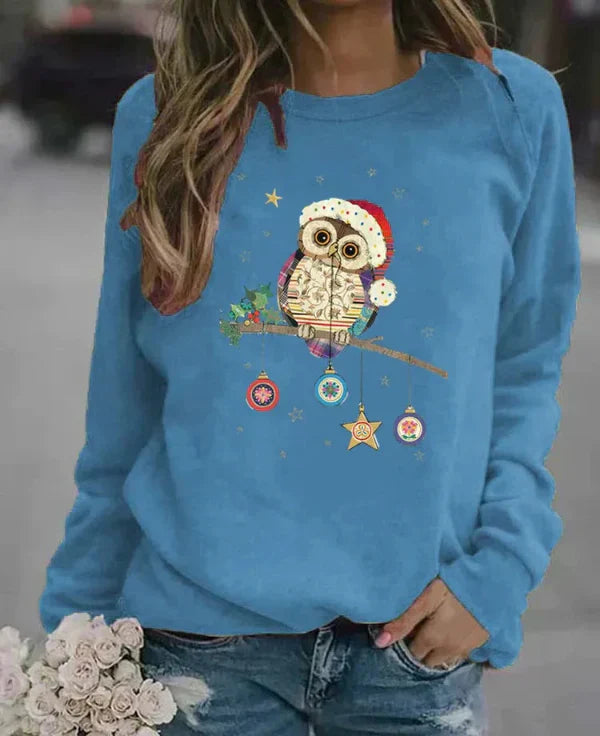 Sweatshirt Femme Coupe Décontractée Mélange Coton Col Rond Imprimé Hibou Festif Automne Hiver