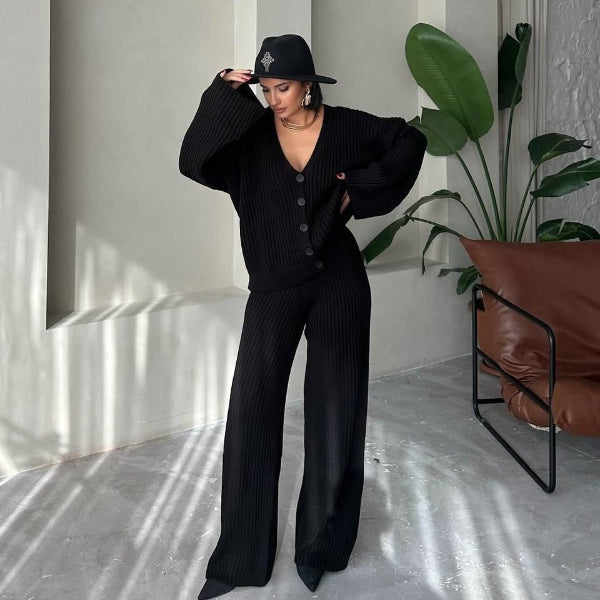 Cardigan Deux Pièces Boutonné Tricot À Côtes Coupe Oversize Manches Amples Pour Détente
