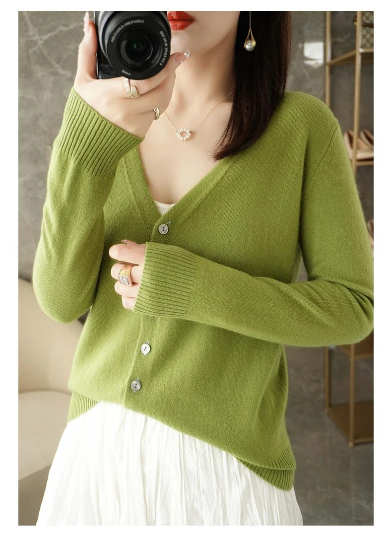 Cardigan Femme Mélange De Laine Coupe Décontractée Col V Boutons Devant Bordures Côtelées