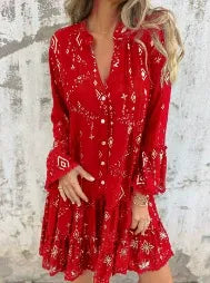 Robe Femme Coupe Évasée avec Manches Cloche en Dentelle Bouton Front Coton Mélangé Ourlet en Étages