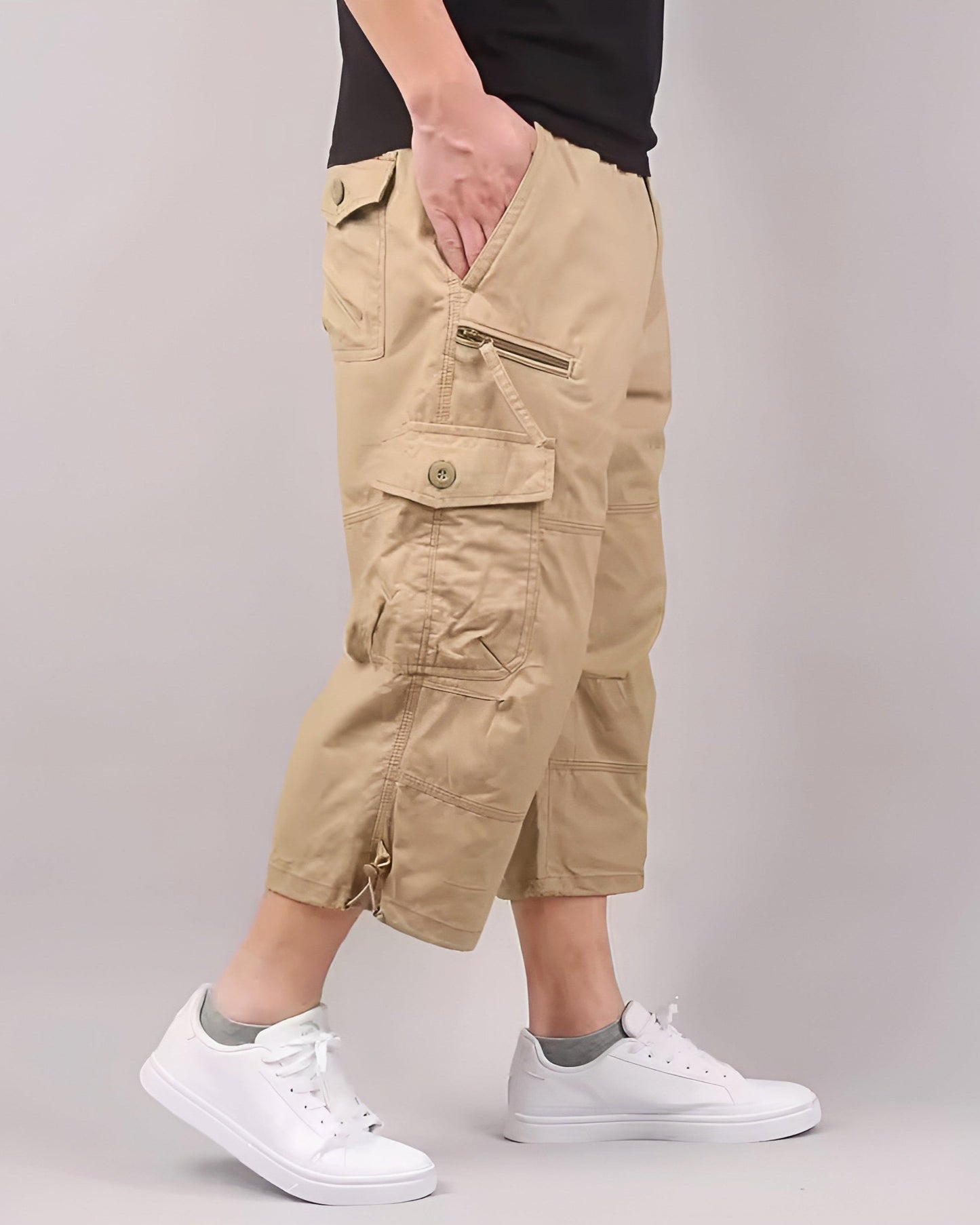 Terrain Shorts Cargo En Coton Lavé Doux, Coupe Décontractée Juste Sous Le Genou, Poches À Rabat