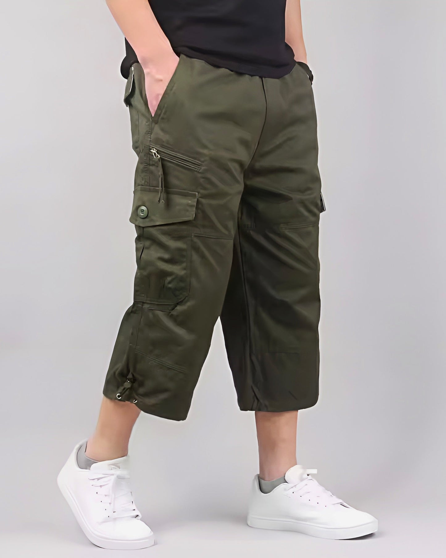 Terrain Shorts Cargo En Coton Lavé Doux, Coupe Décontractée Juste Sous Le Genou, Poches À Rabat