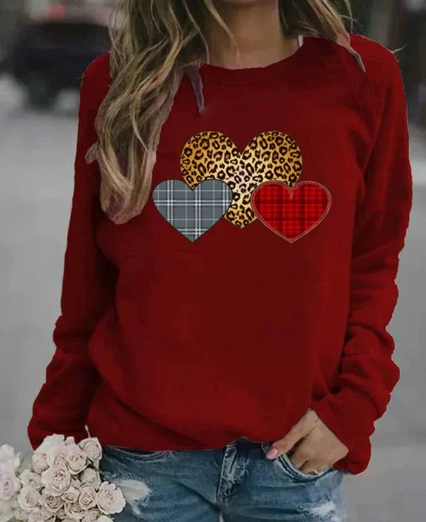 Sweat Femme Coupe Décontractée En Mélange Coton Col Rond Motif Cœur Graphique Imprimé