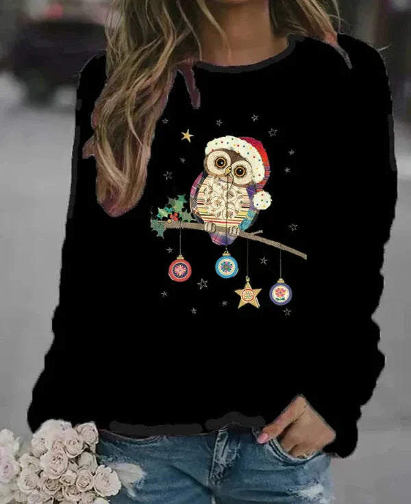 Sweatshirt Femme Coupe Décontractée Mélange Coton Col Rond Imprimé Hibou Festif Automne Hiver