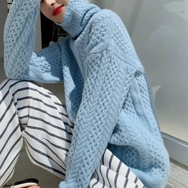Pull Femme En Laine Col Roulé Maille Cable Tricot Coupe Décontractée Doux Confortable