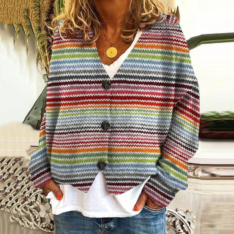 Cardigan Femme Coupe Décontractée Tricot Motif Vagues Bouton Devant Longueur Hanche Nordisk Flair