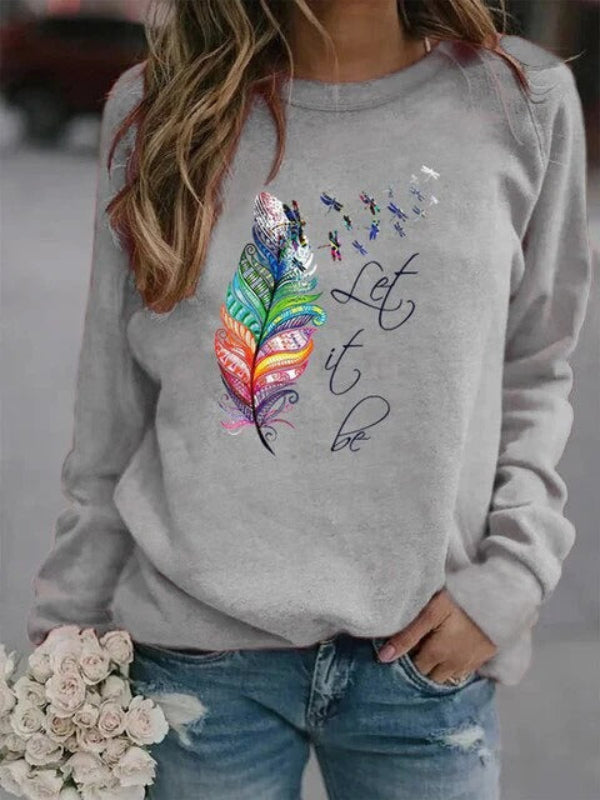 Pull Femme Coupe Décontractée Effet Coton Imprimé Plumes Manches Longues Confort Quotidien
