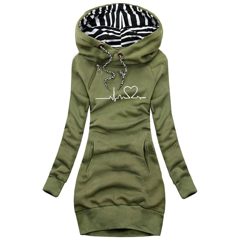 Robe À Capuche Pour Femmes Coupe Slim Manches Longues En Mélange De Coton Imprimé Graphique Avec Poches