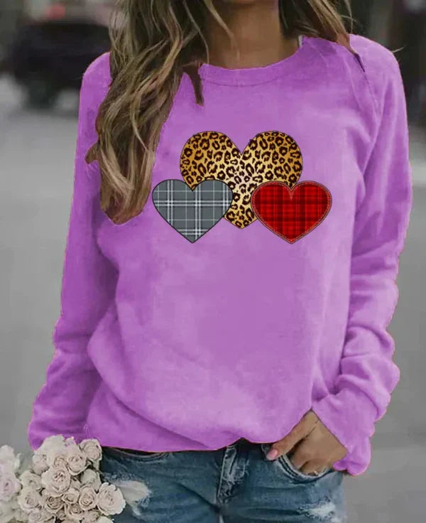 Sweat Femme Coupe Décontractée En Mélange Coton Col Rond Motif Cœur Graphique Imprimé