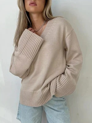 Pull Femme En Maille Douce Coupe Décontractée Col V Manches Longues Bord Côte Nordisk Flair