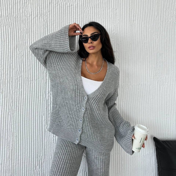 Cardigan Deux Pièces Boutonné Tricot À Côtes Coupe Oversize Manches Amples Pour Détente