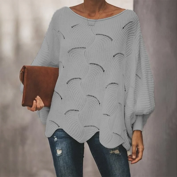 Pull Femme Décontracté En Mélange De Laine Maille Ouverte Avec Manches Batwing Et Ourlet Festonné