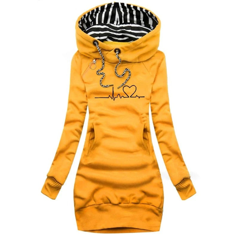 Robe À Capuche Pour Femmes Coupe Slim Manches Longues En Mélange De Coton Imprimé Graphique Avec Poches