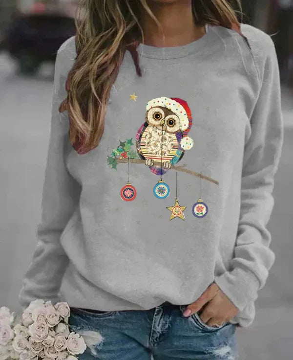 Sweatshirt Femme Coupe Décontractée Mélange Coton Col Rond Imprimé Hibou Festif Automne Hiver