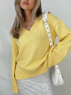 Pull Femme En Maille Douce Coupe Décontractée Col V Manches Longues Bord Côte Nordisk Flair